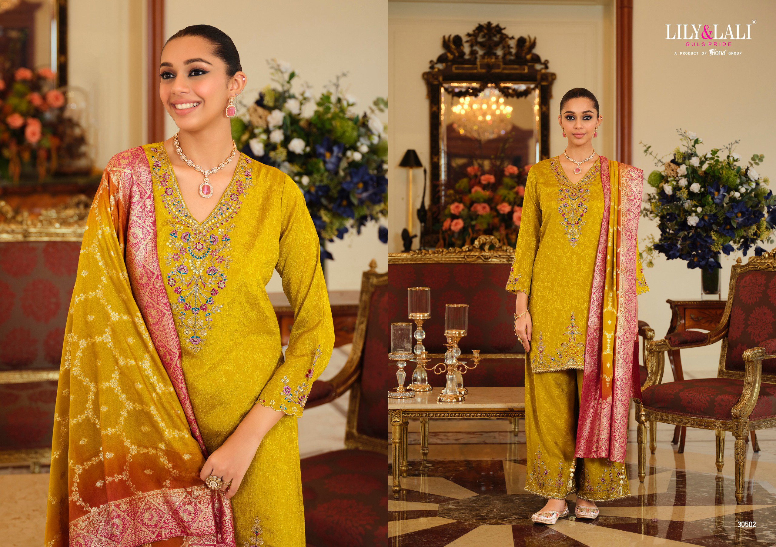 Lily And Lali Natalie Jacquard Chinon Silk Embroidery Hand Work Kurti Bottom With Dupatta