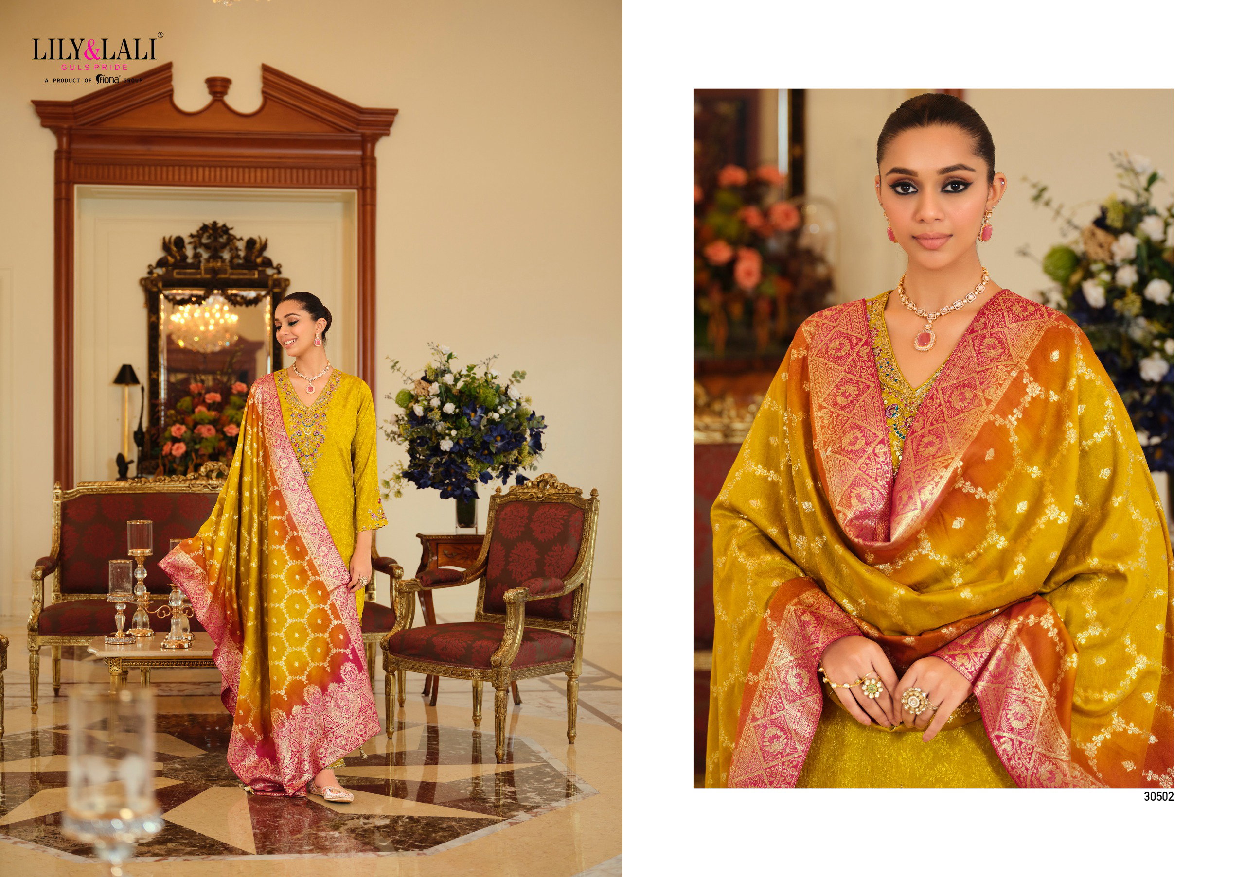 Lily And Lali Natalie Jacquard Chinon Silk Embroidery Hand Work Kurti Bottom With Dupatta