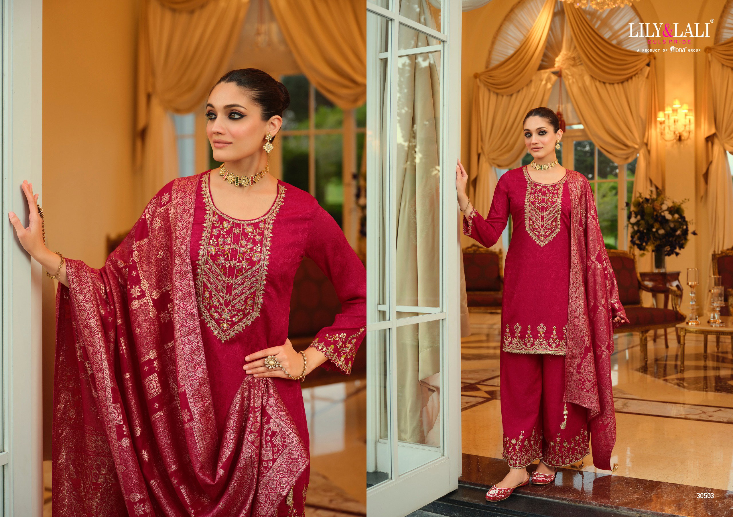 Lily And Lali Natalie Jacquard Chinon Silk Embroidery Hand Work Kurti Bottom With Dupatta
