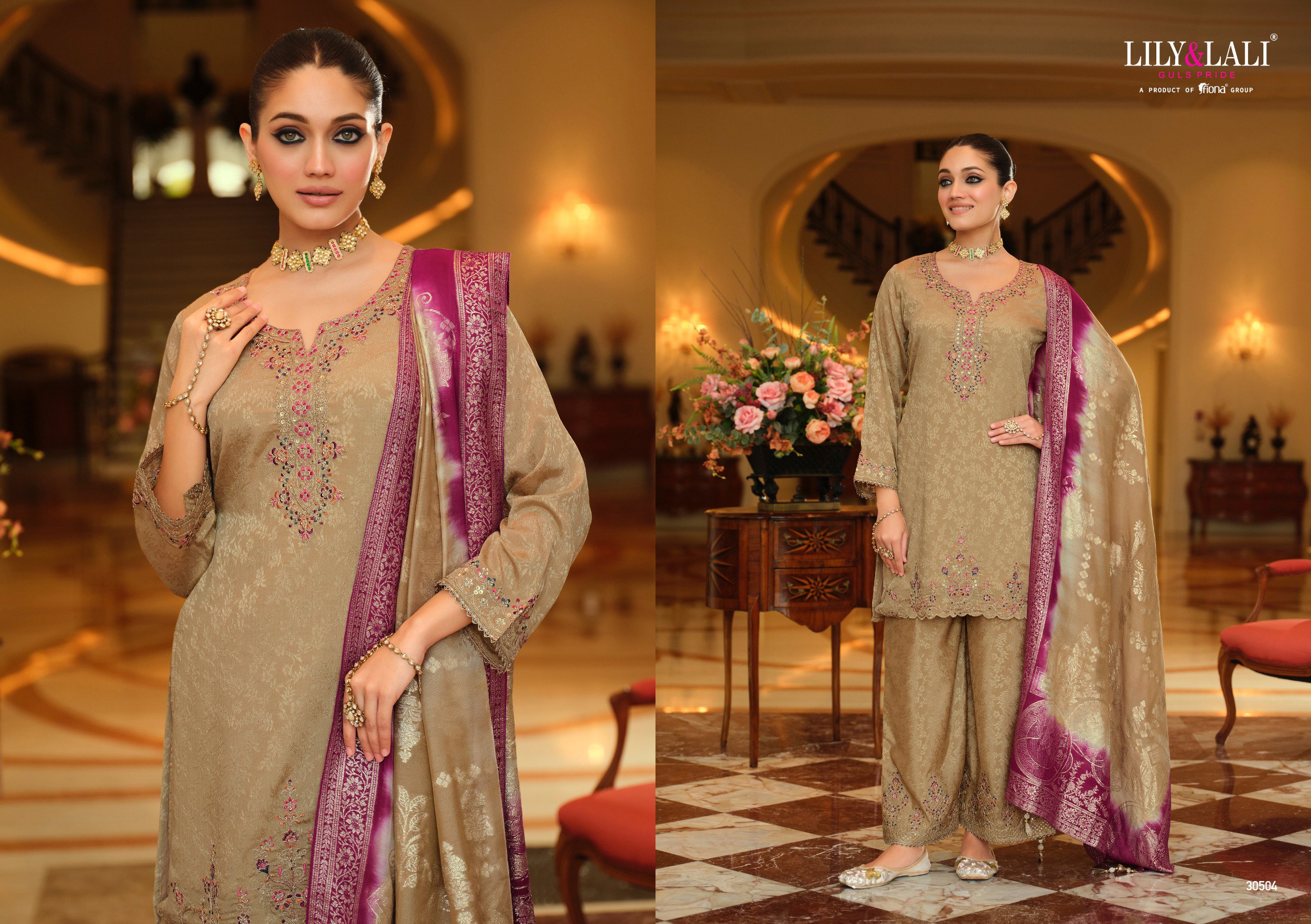 Lily And Lali Natalie Jacquard Chinon Silk Embroidery Hand Work Kurti Bottom With Dupatta
