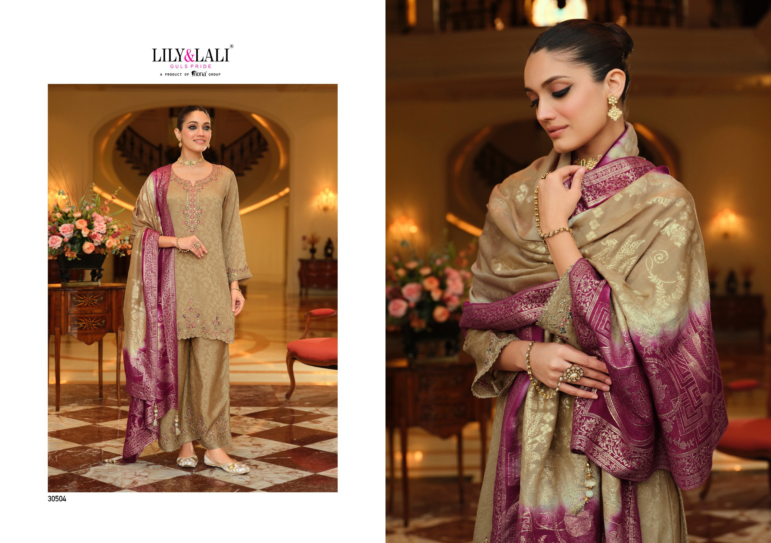 Lily And Lali Natalie Jacquard Chinon Silk Embroidery Hand Work Kurti Bottom With Dupatta