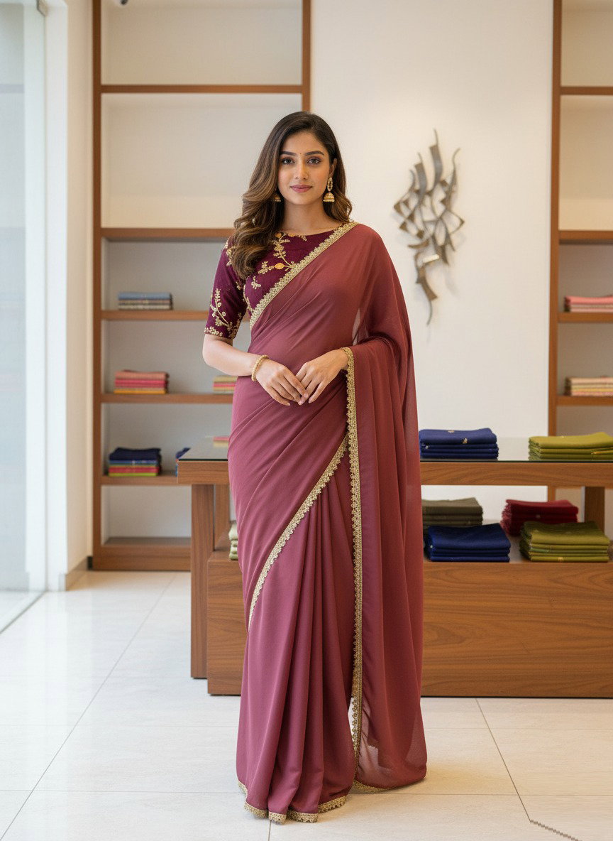 Aawiya Pc 12 Star Georgette Plain Party Wear Saree With Lace Border
