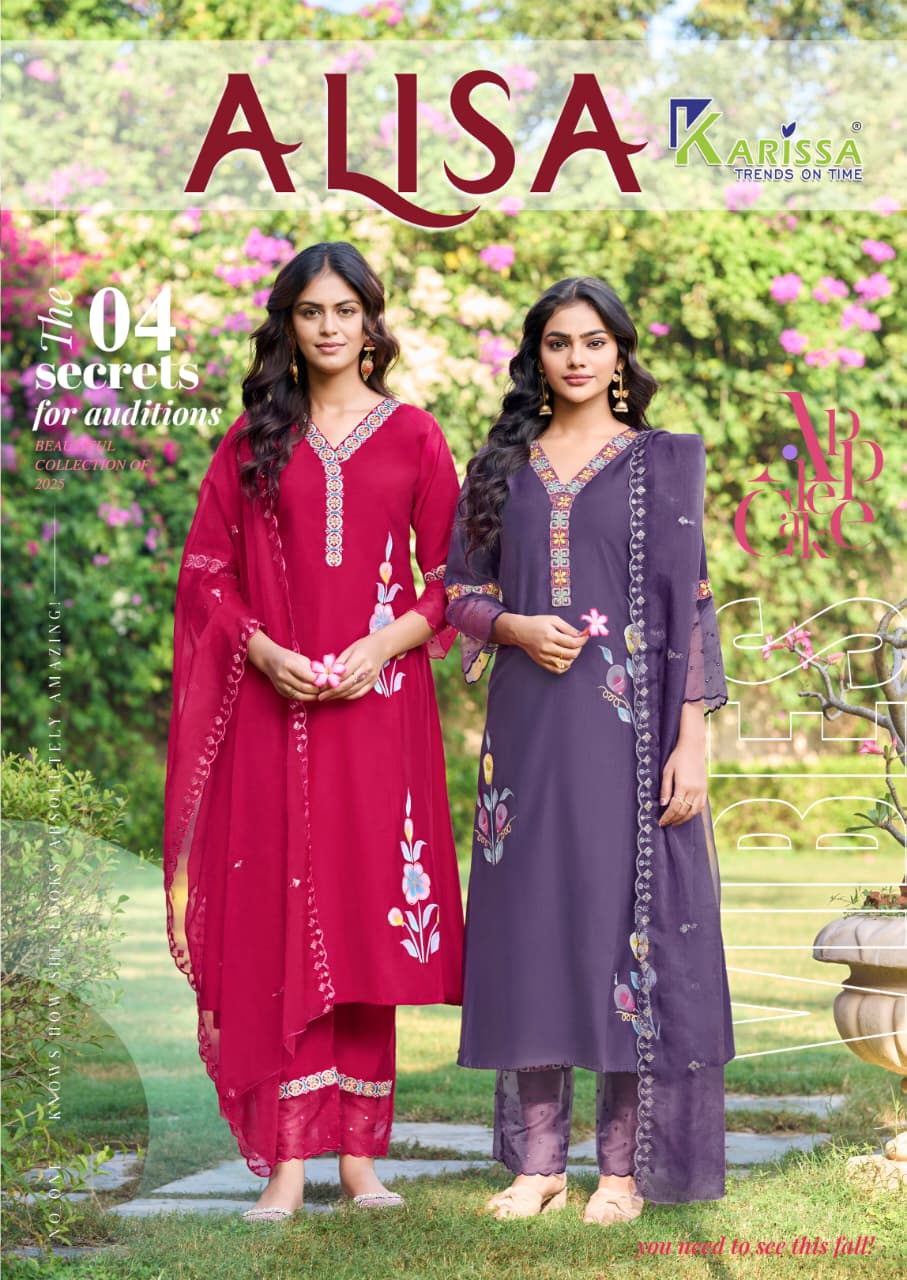 Karissa Alisa Viscose Roman Threadwork Kurti Pant And Dupatta Collection