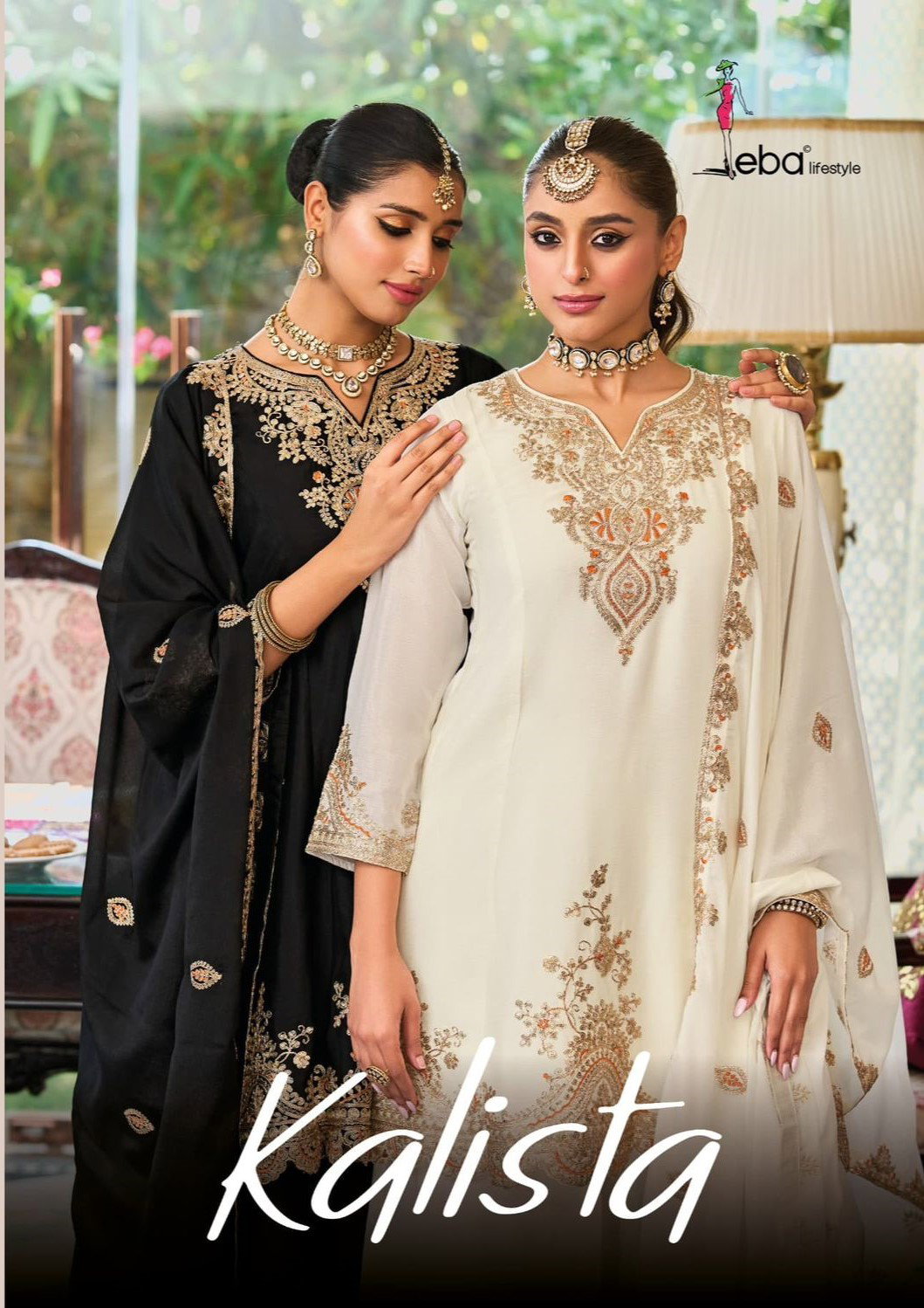 Eba Kalista Black And White Chinon Embroidery Work Top Bottom And Dupatta