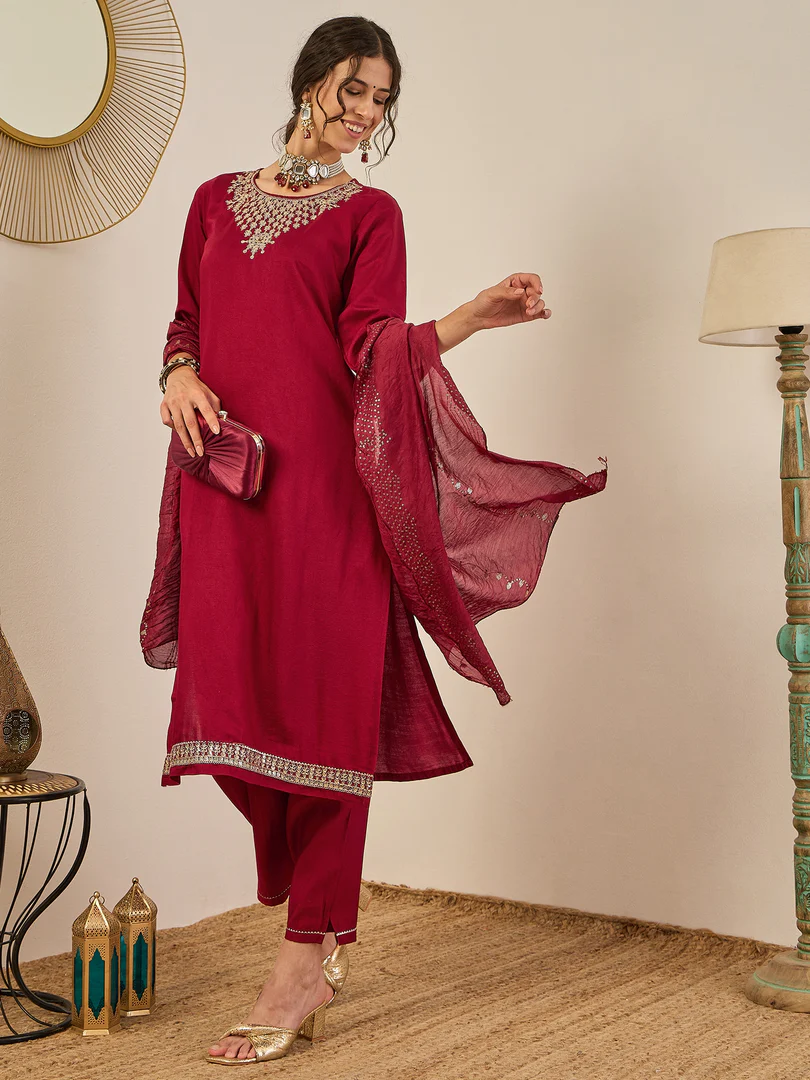 VP 9559 Viscose Rayon Kurta Pant Set with Chanderi Silk Dupatta