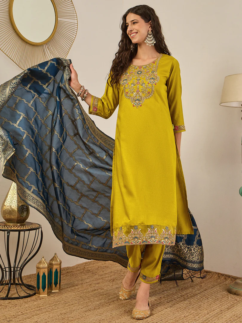 VP 9604 Women Viscose Rayon Kurta with Pant and Banarasi Silk Dupatta