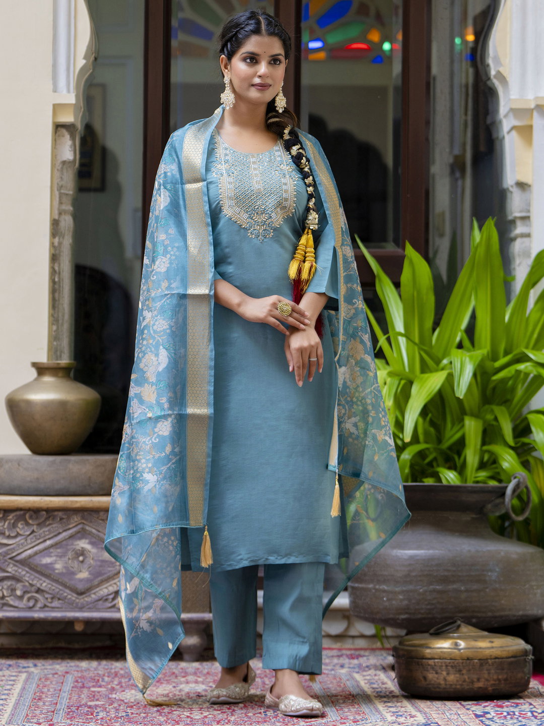 VP 9664 TEAL Women’s Silk Blend Embroidery Straight Kurta Pant with Dupatta Set