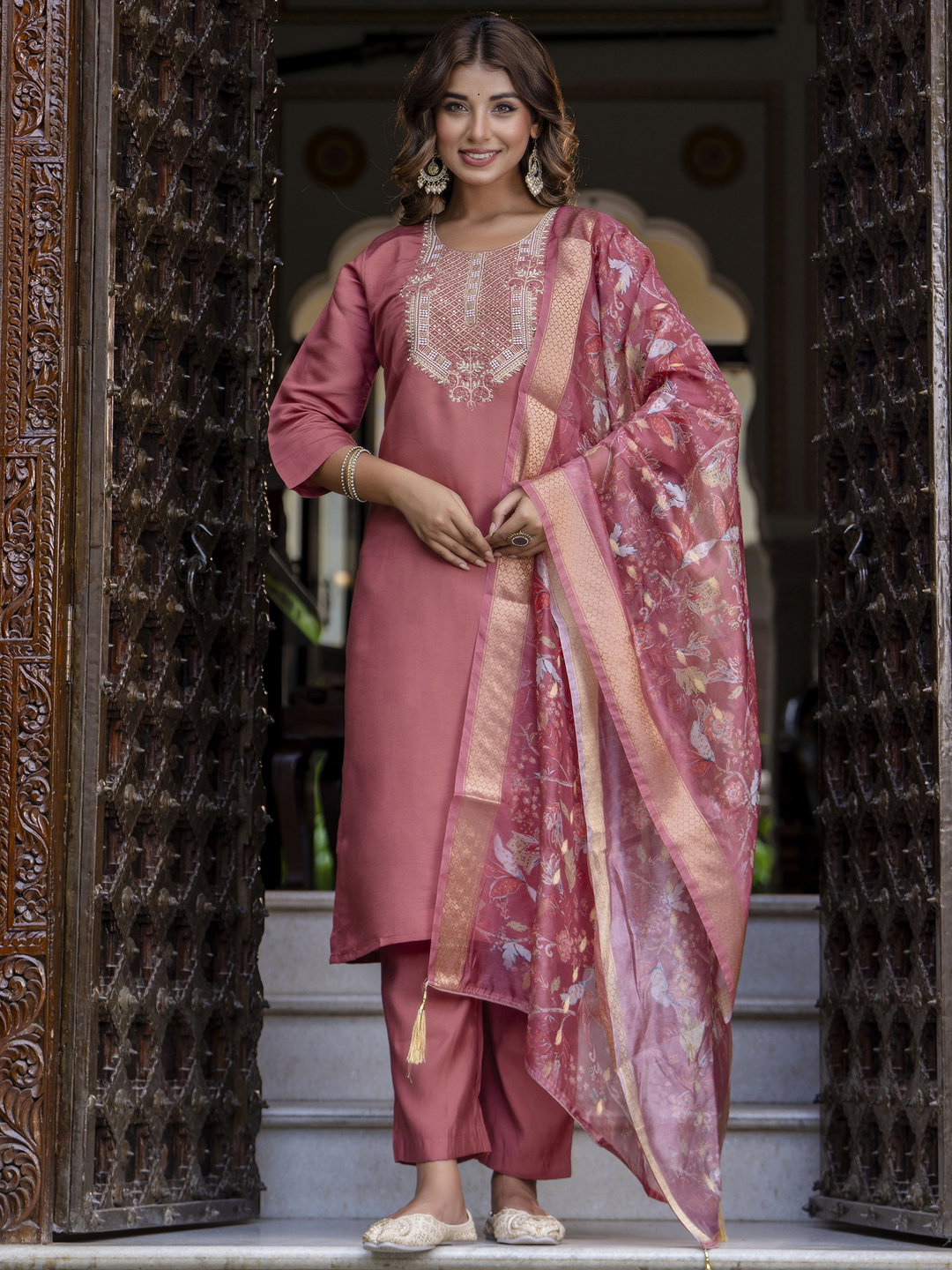 VP 9664 GAJRI Women's Embroidered Silk Blend Straight Kurta Trouser with Dupatta Set