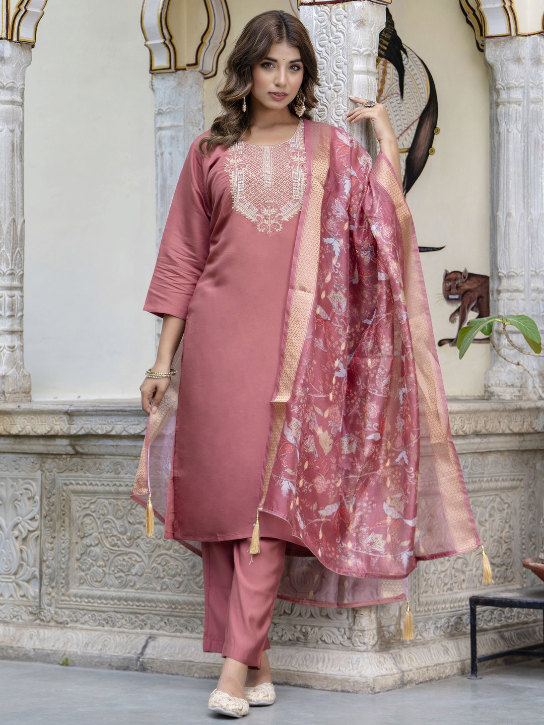 VP 9664 GAJRI Women's Embroidered Silk Blend Straight Kurta Trouser with Dupatta Set