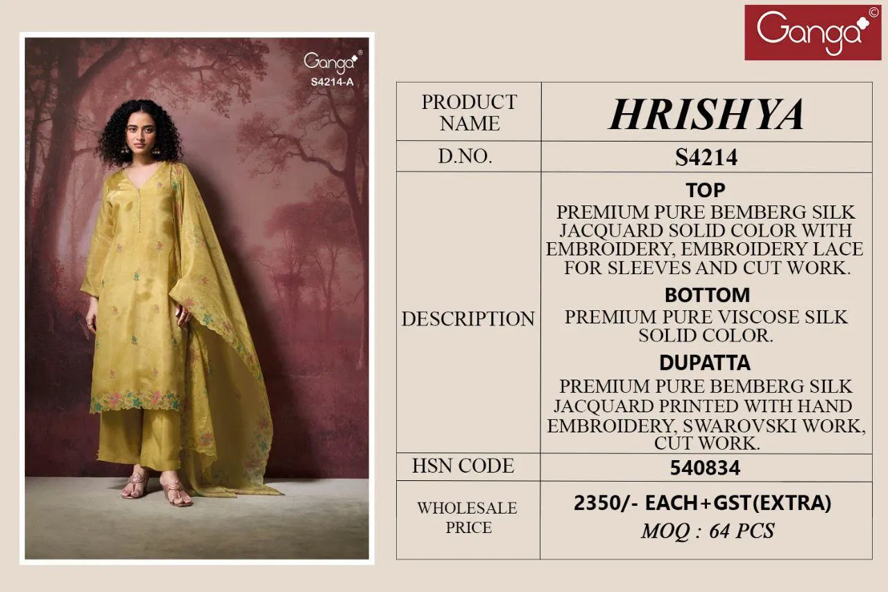 Ganga Hrishya 4214 Bemberg Silk WIth Embroidery Work Dress Material Collection 