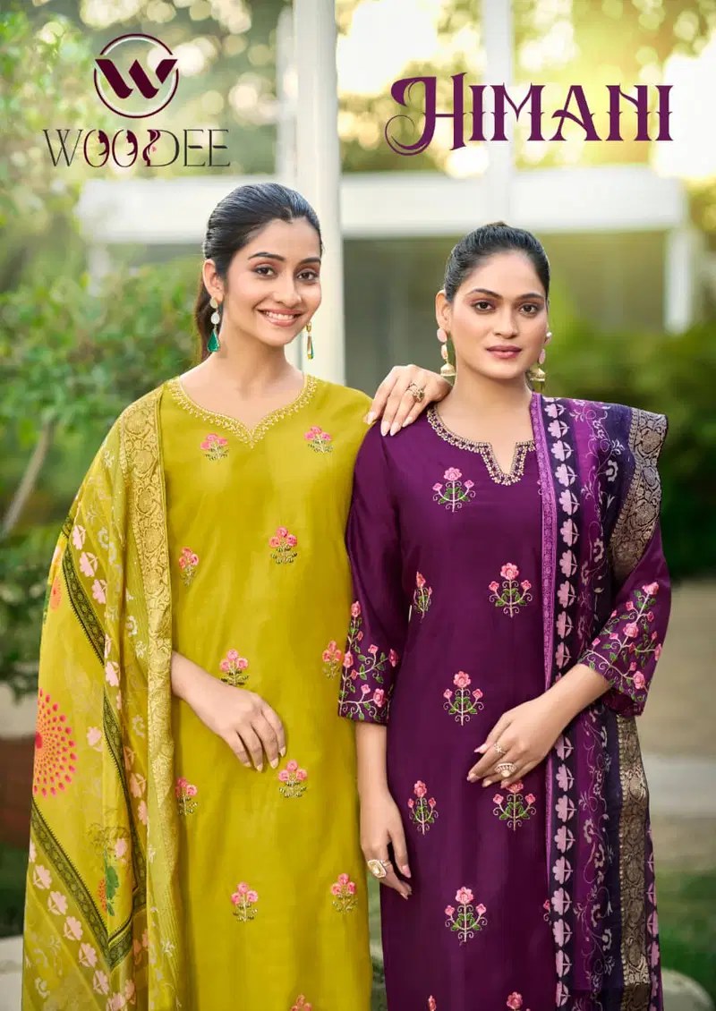 Woodee Himani Viscose Gadhwal Threadwork Top Bottom And Dupatta Collection 