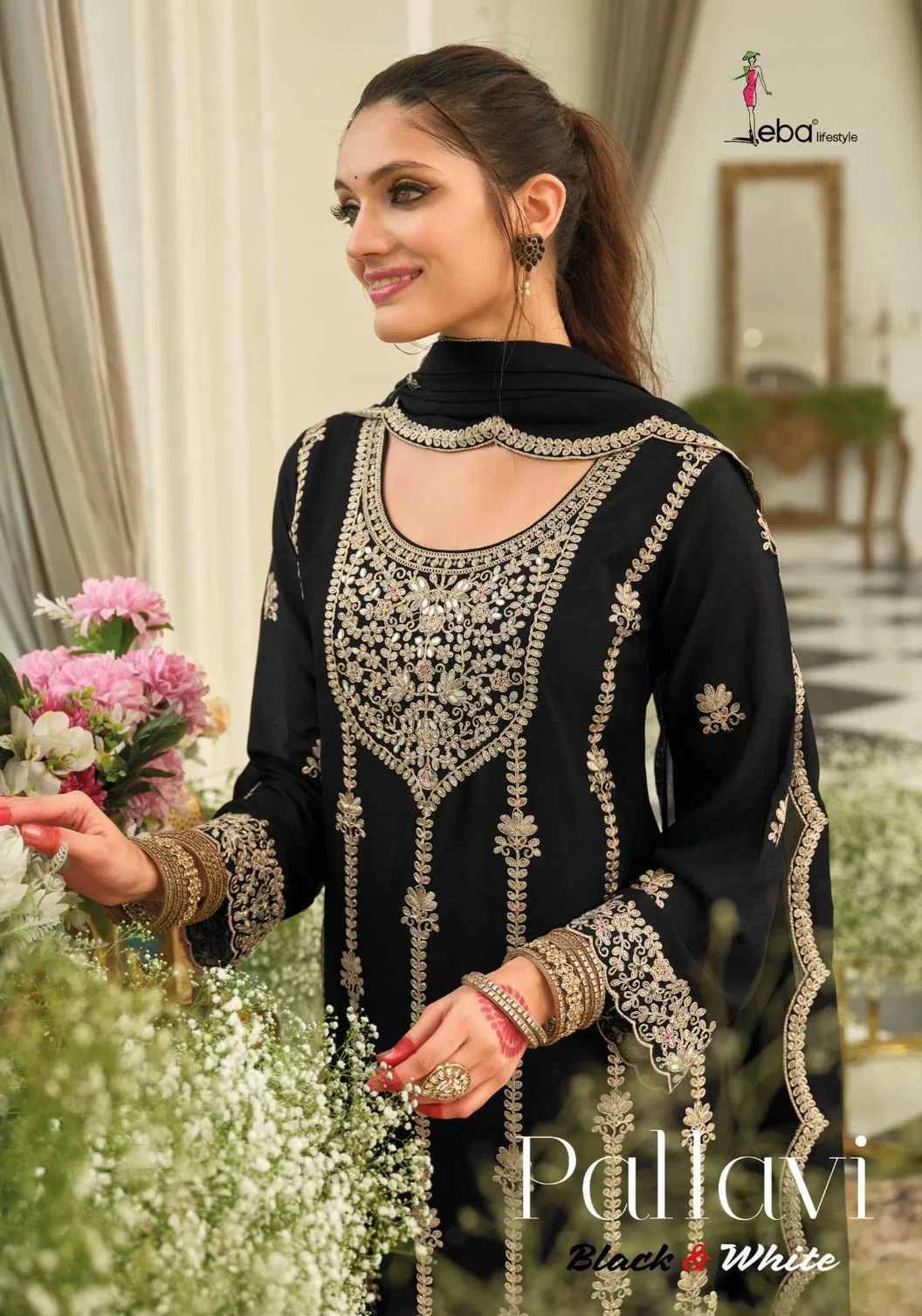 Eba Pallavi Black And White Chinon With Embroidery Top Bottom And Dupatta Collection 