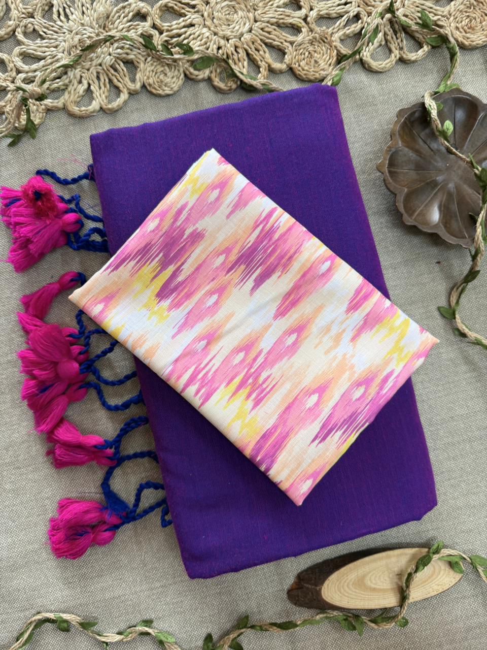 Lekha CF 229 Khadi Cotton Plain Saree With Printed Blouse