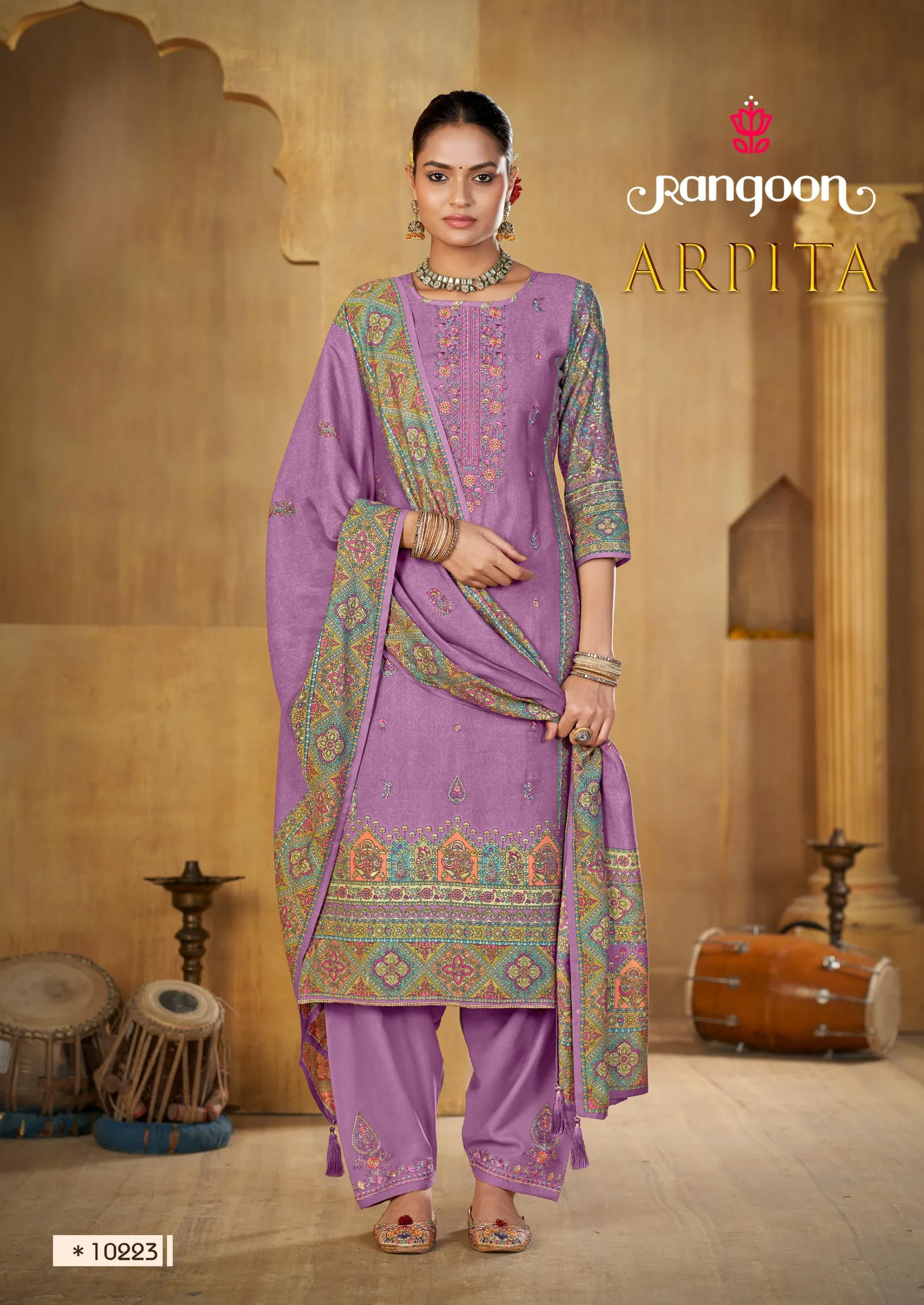Rangoon Arpita Muslin Foil Print With Work Top Bottom And Dupatta