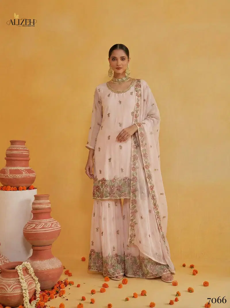 Alizeh 7066 To 7069 Georgette With Embroidered Top Sharara And Dupatta