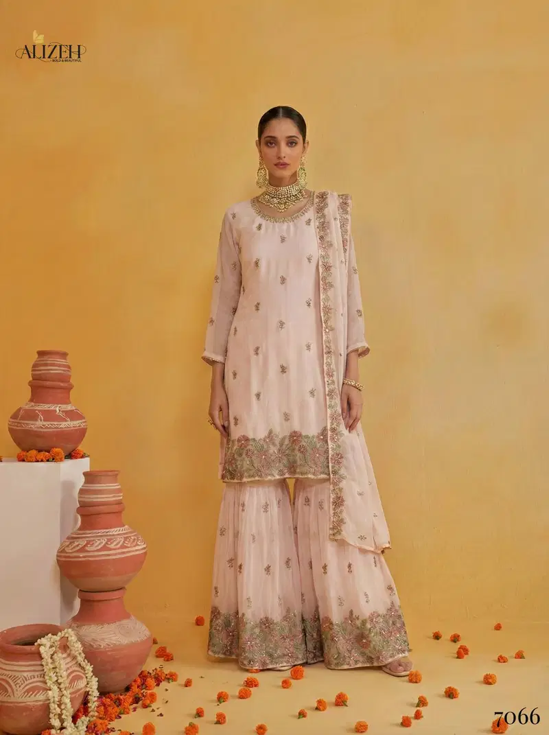 Alizeh 7066 To 7069 Georgette With Embroidered Top Sharara And Dupatta