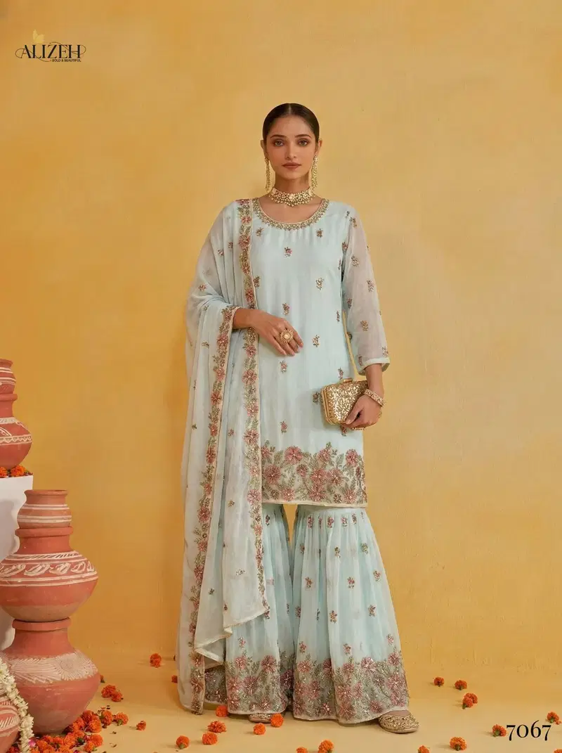 Alizeh 7066 To 7069 Georgette With Embroidered Top Sharara And Dupatta