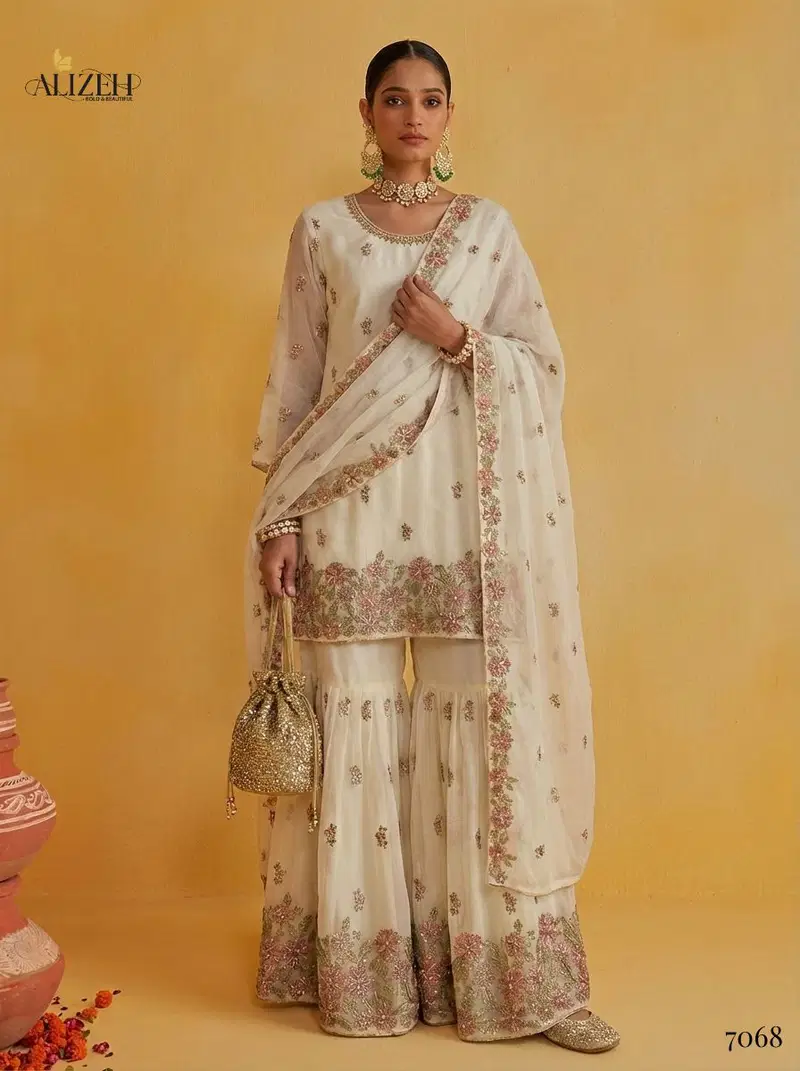 Alizeh 7066 To 7069 Georgette With Embroidered Top Sharara And Dupatta