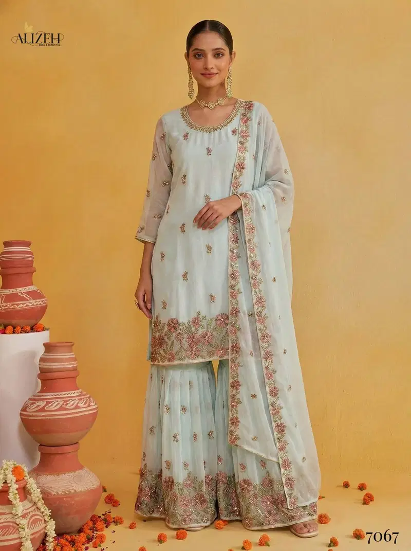 Alizeh 7066 To 7069 Georgette With Embroidered Top Sharara And Dupatta