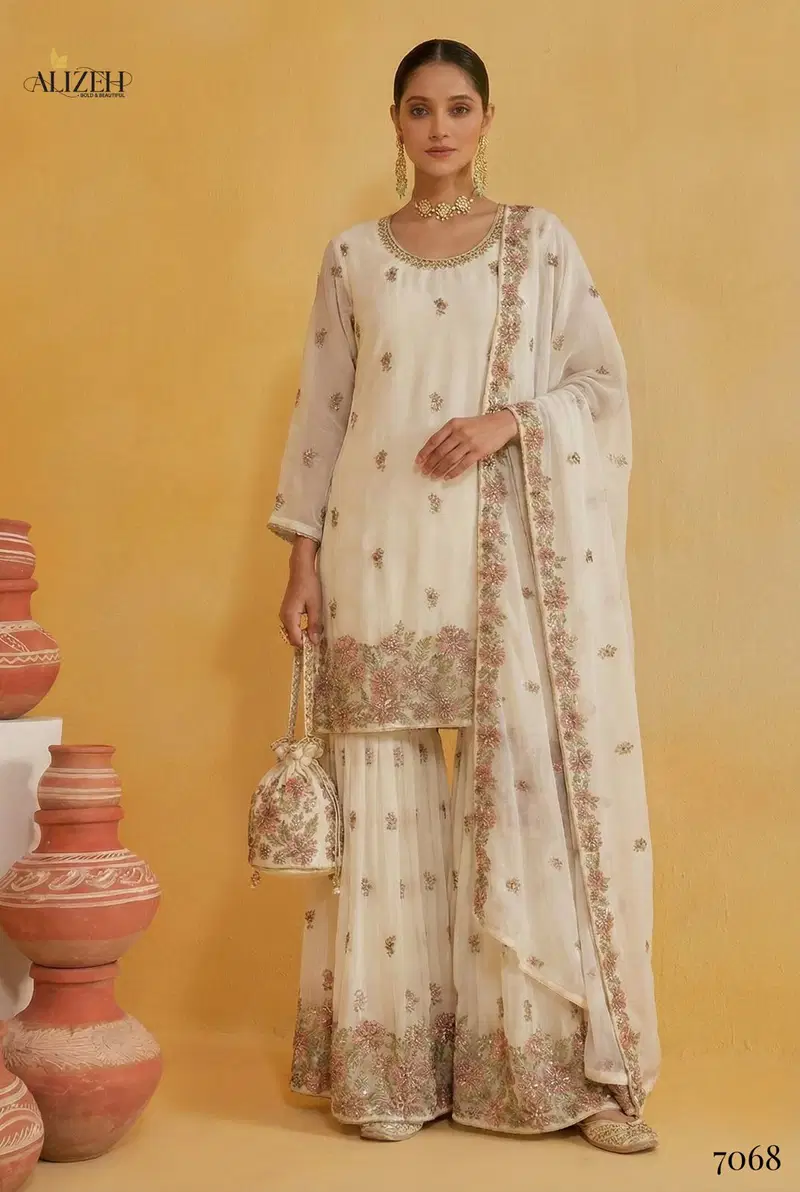 Alizeh 7066 To 7069 Georgette With Embroidered Top Sharara And Dupatta