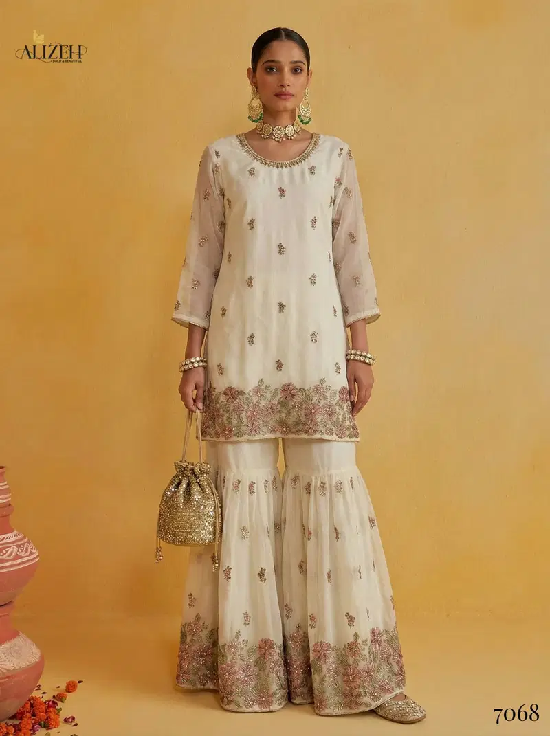 Alizeh 7066 To 7069 Georgette With Embroidered Top Sharara And Dupatta