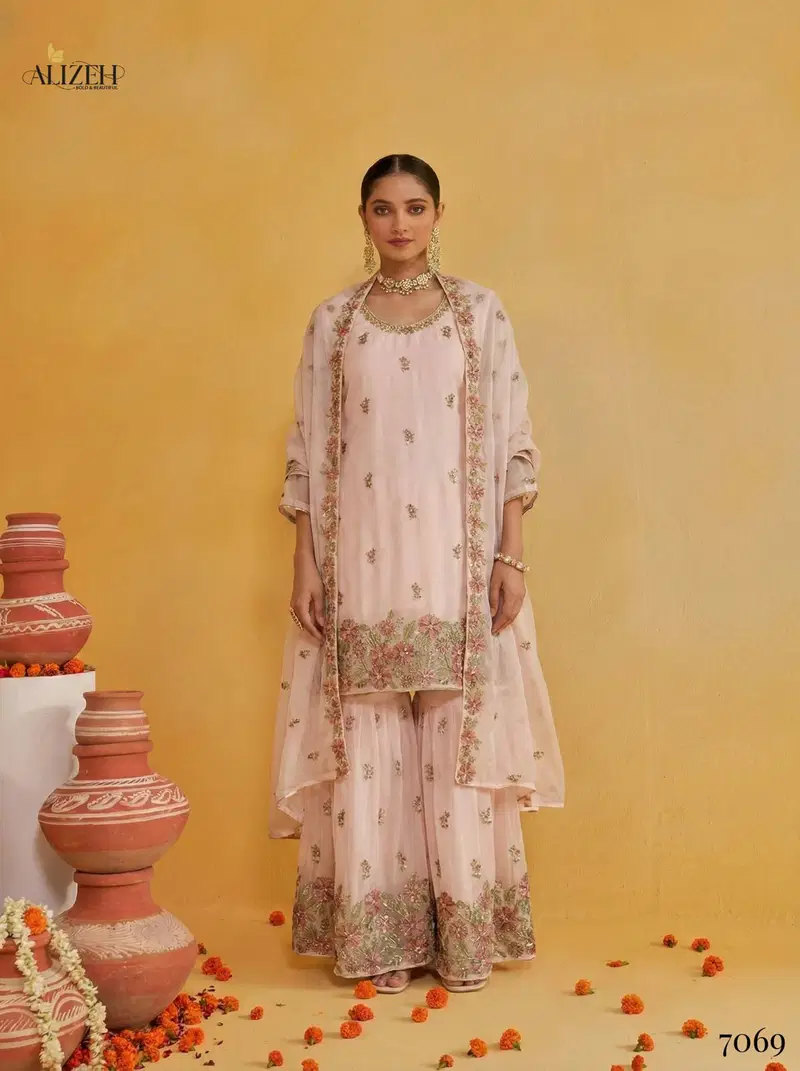Alizeh 7066 To 7069 Georgette With Embroidered Top Sharara And Dupatta