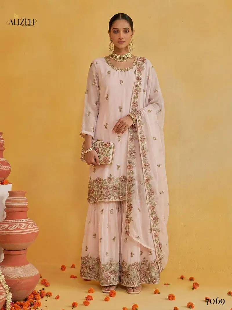 Alizeh 7066 To 7069 Georgette With Embroidered Top Sharara And Dupatta