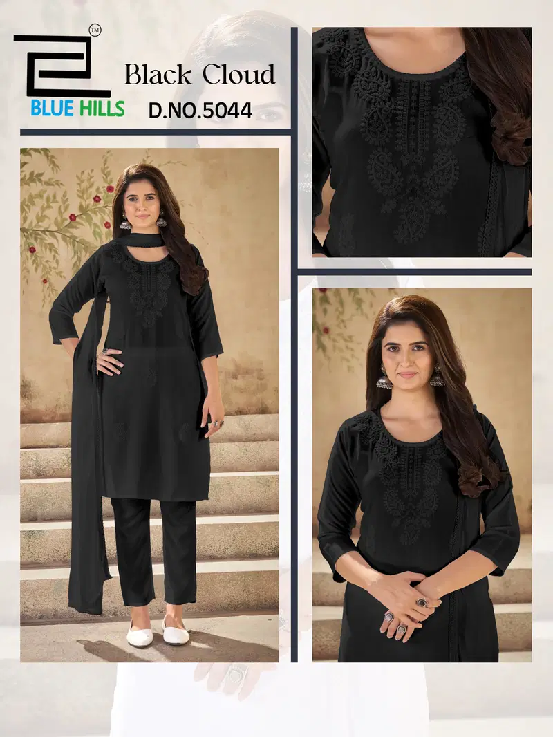 Blue Hills Black Cloud Rayon With Embroidery Work Top Bottom And Dupatta
