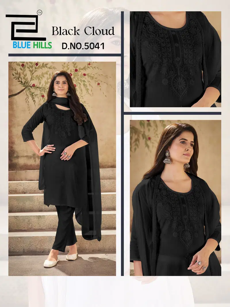 Blue Hills Black Cloud Rayon With Embroidery Work Top Bottom And Dupatta