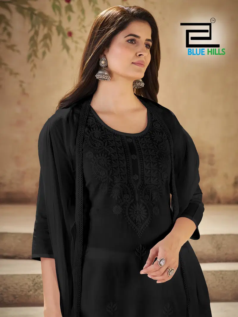 Blue Hills Black Cloud Rayon With Embroidery Work Top Bottom And Dupatta