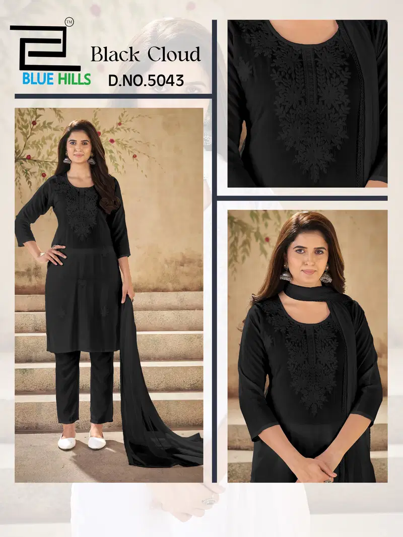 Blue Hills Black Cloud Rayon With Embroidery Work Top Bottom And Dupatta