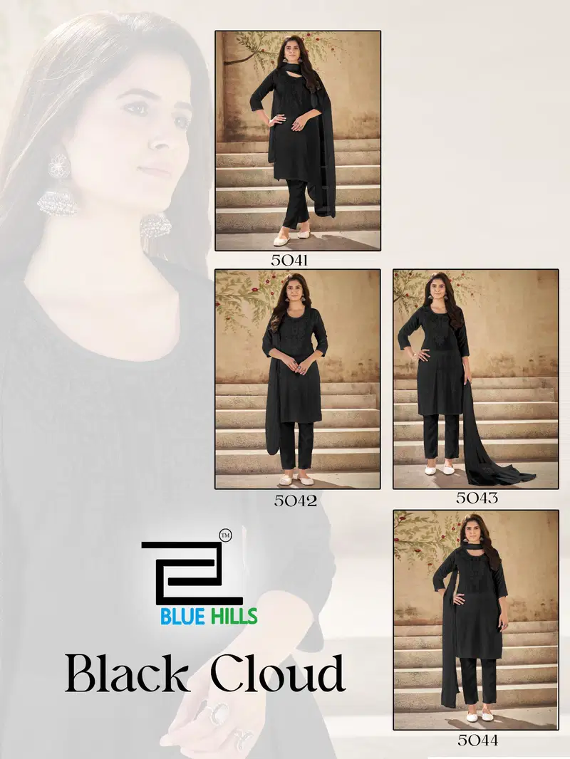 Blue Hills Black Cloud Rayon With Embroidery Work Top Bottom And Dupatta