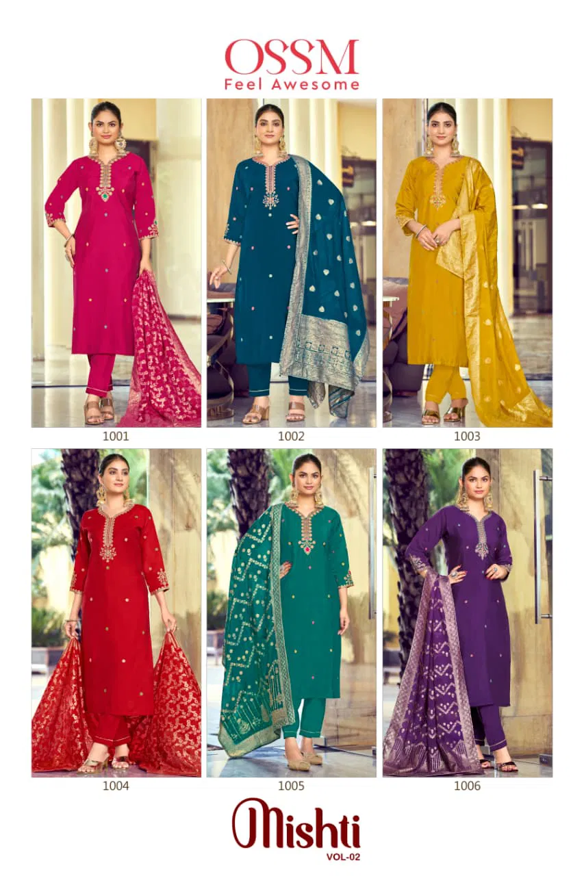 Ossm Mishti Vol 2 Roman Silk With Embroidery Work Top Bottom And Dupatta