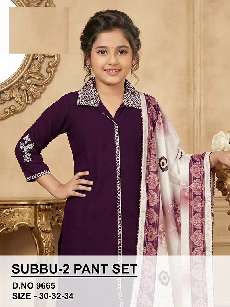 Subbu Vol 2 Pant Set 9665 Vatican Silk Kids Top Bottom And Dupatta
