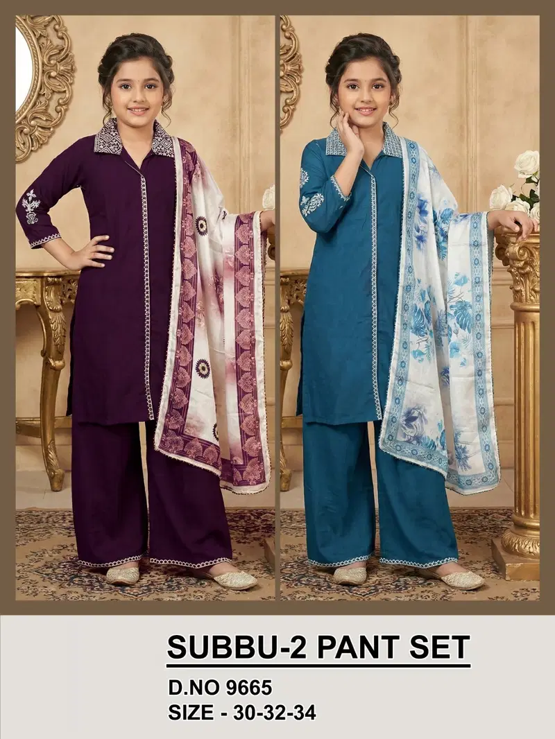 Subbu Vol 2 Pant Set 9665 Vatican Silk Kids Top Bottom And Dupatta