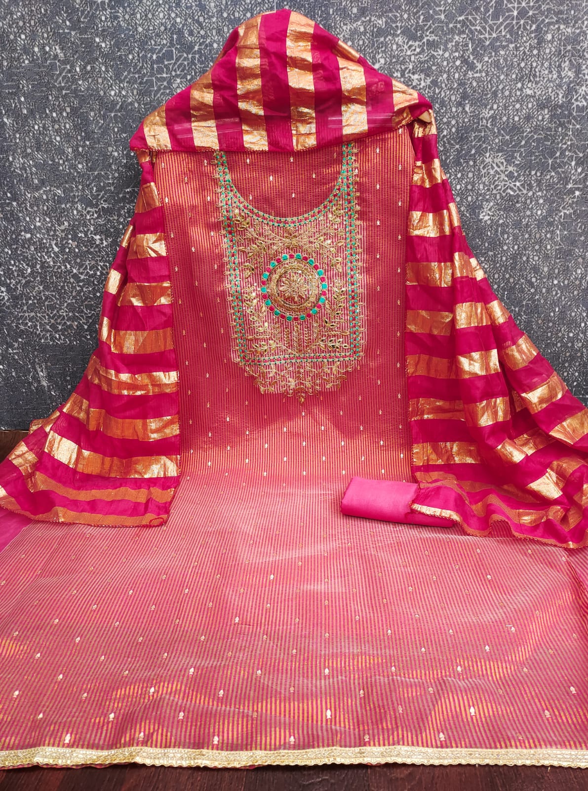 Designer Gullak Lining Simmer Silk Zakard Booti kodding Squance Work Dress Material Collection 