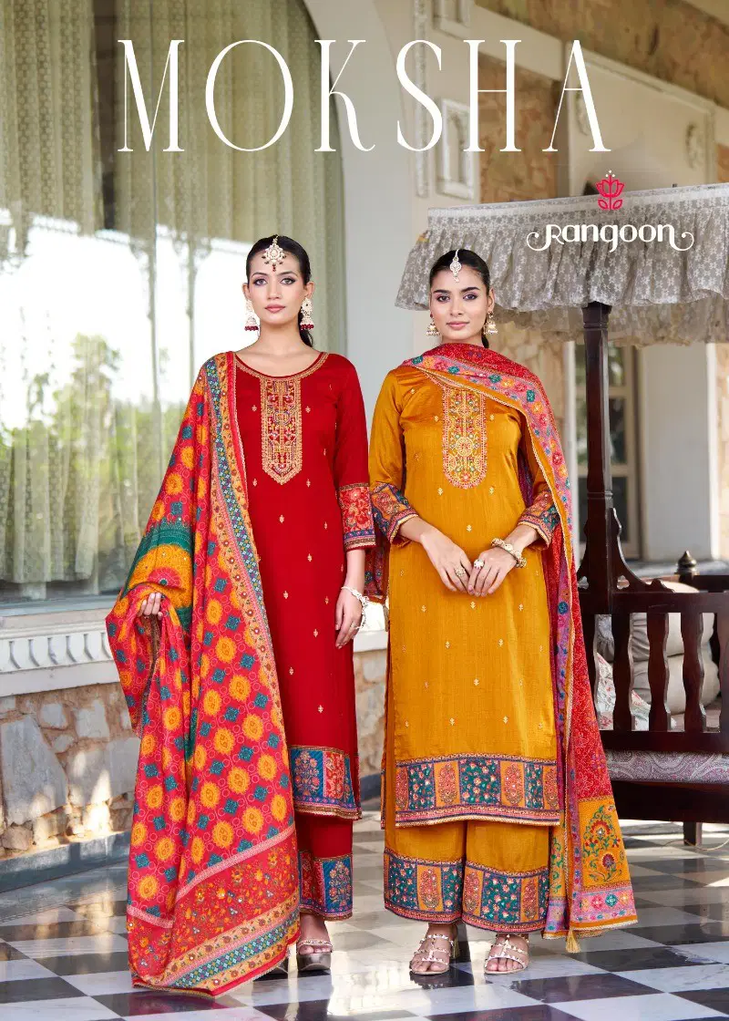 Rangoon Moksha Silk With Embroidery Work Top Bottom And Dupatta