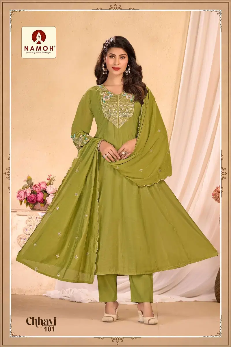 Namoh Chhavi Mal Chanderi Anarkali Style Kurti Pant And Dupatta