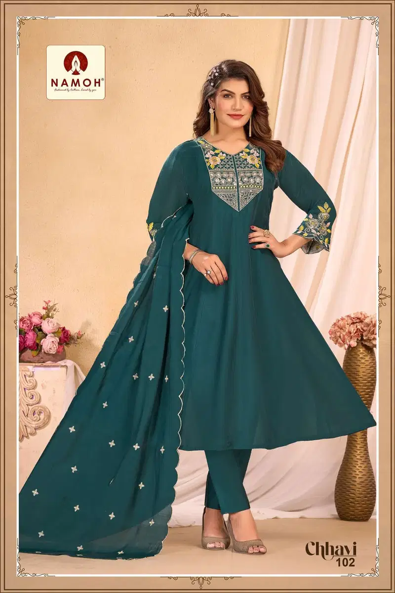Namoh Chhavi Mal Chanderi Anarkali Style Kurti Pant And Dupatta