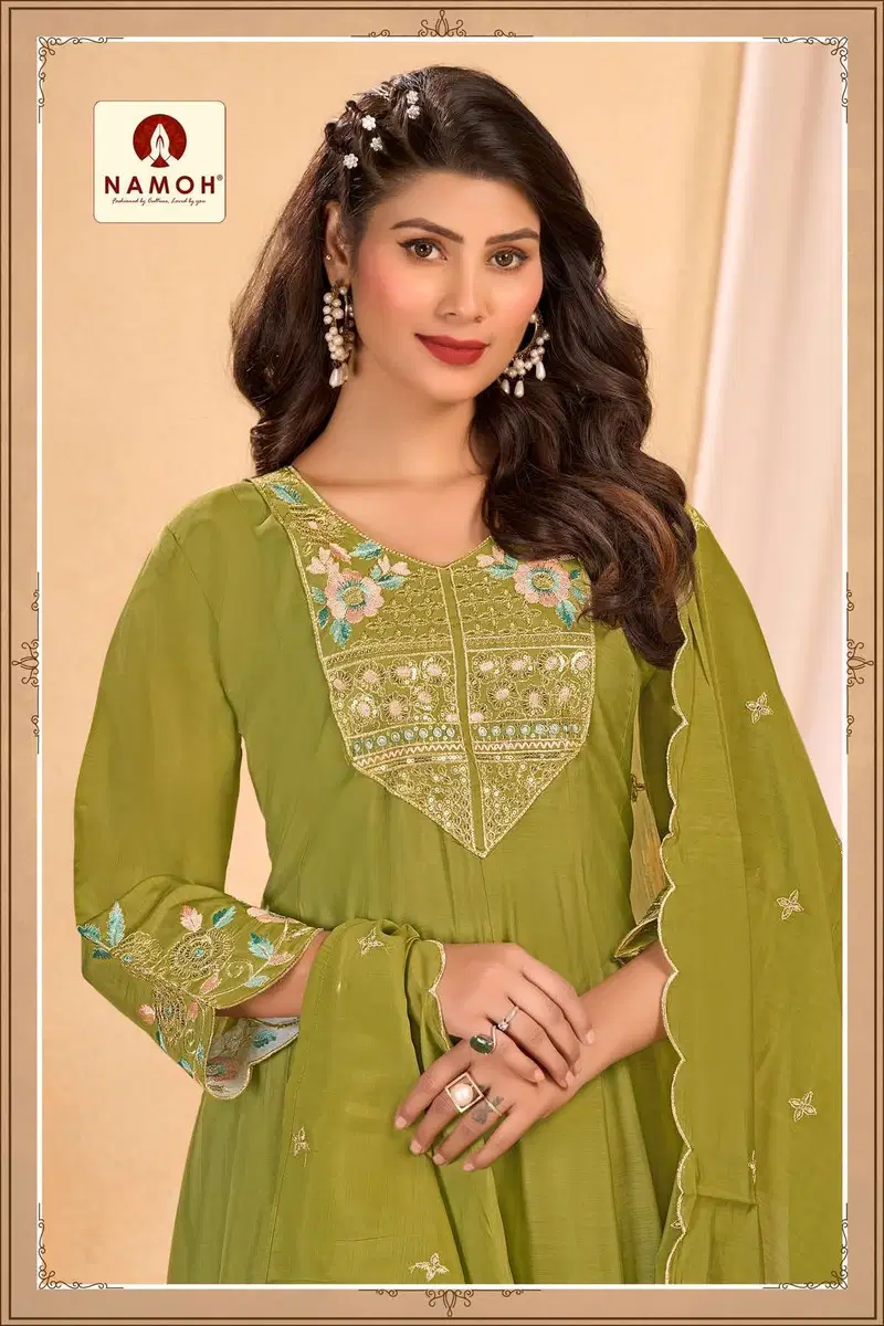 Namoh Chhavi Mal Chanderi Anarkali Style Kurti Pant And Dupatta