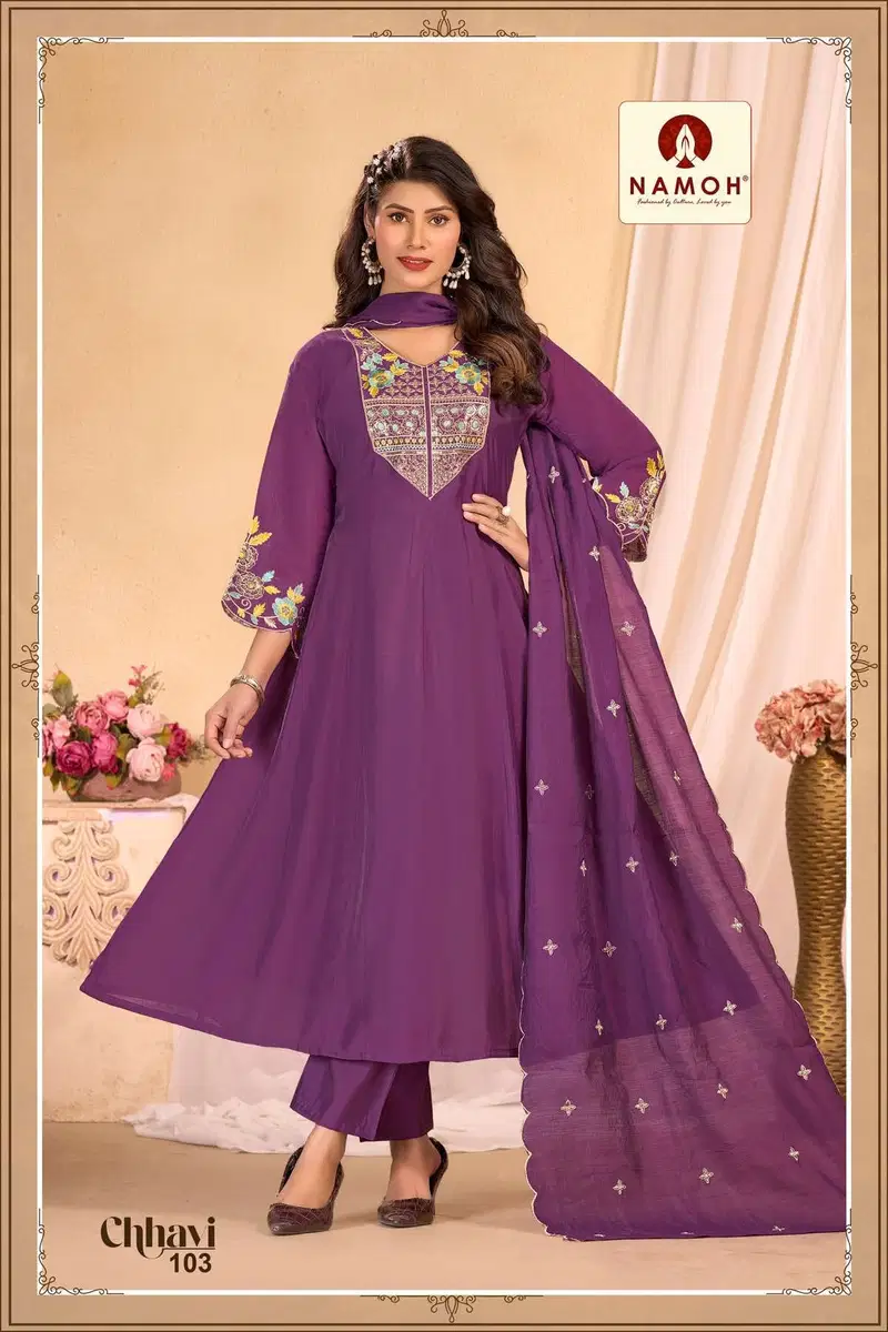 Namoh Chhavi Mal Chanderi Anarkali Style Kurti Pant And Dupatta
