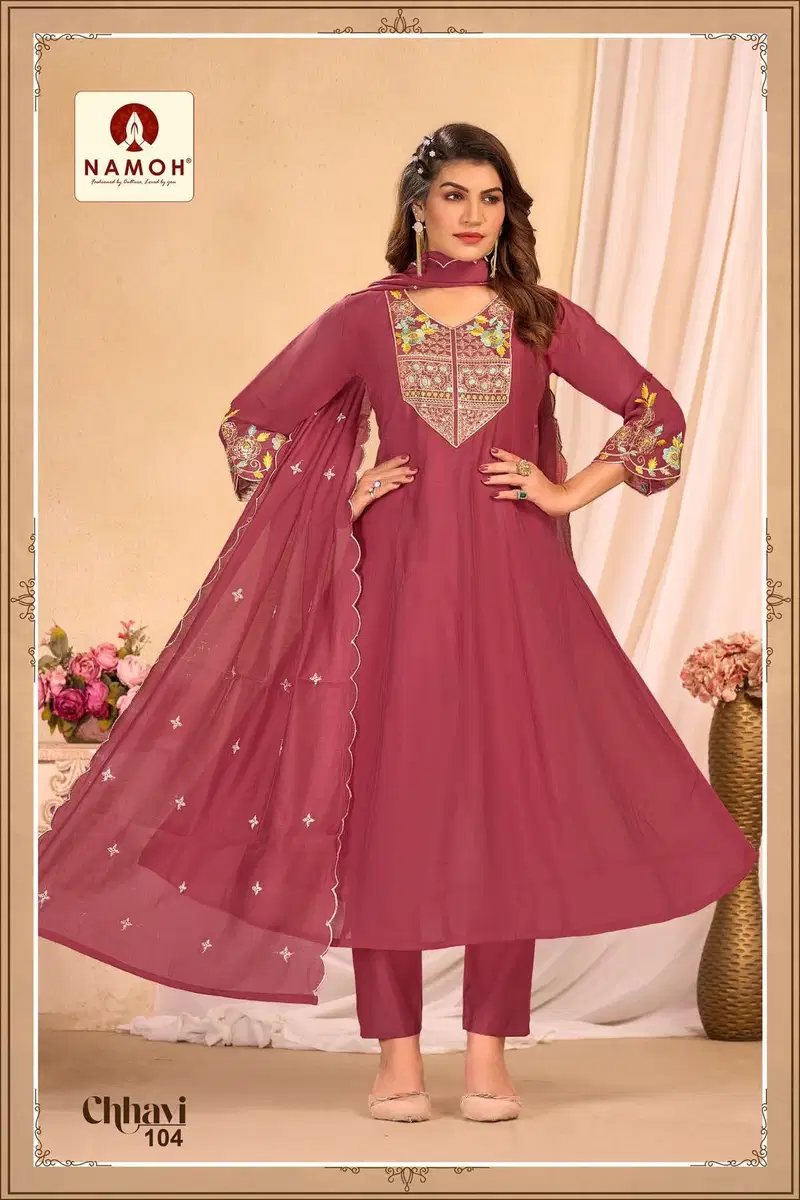Namoh Chhavi Mal Chanderi Anarkali Style Kurti Pant And Dupatta