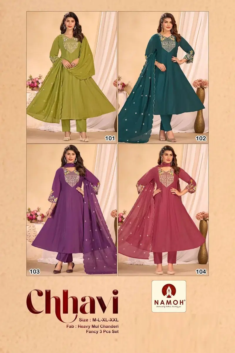 Namoh Chhavi Mal Chanderi Anarkali Style Kurti Pant And Dupatta