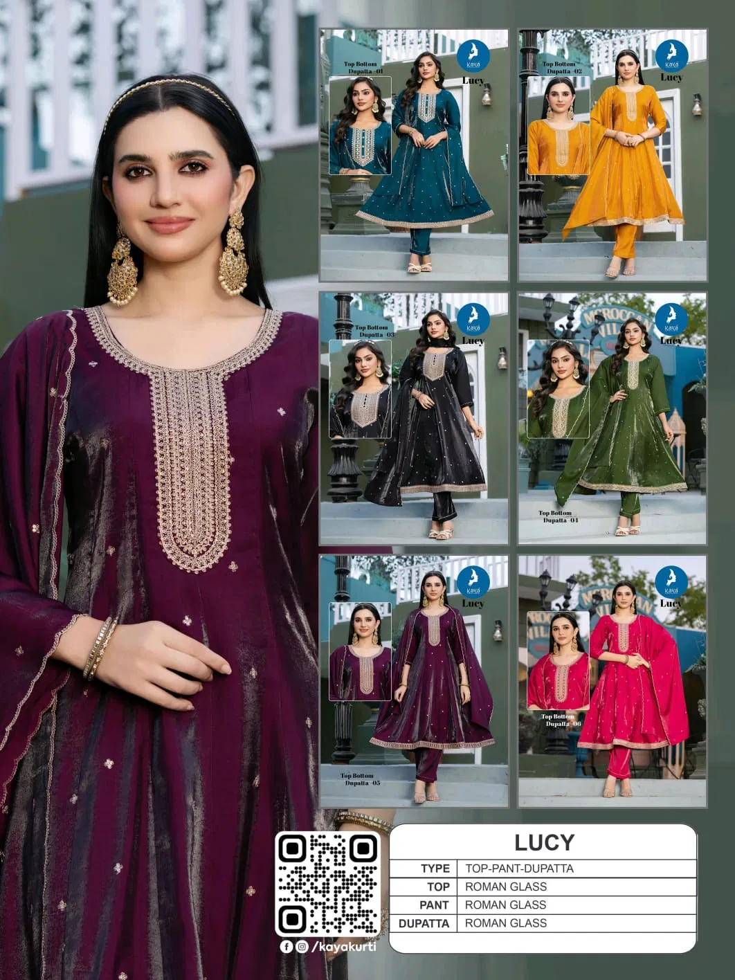 Kaya Lucy Roman Glass Fancy Work Kurti Pant And Dupatta