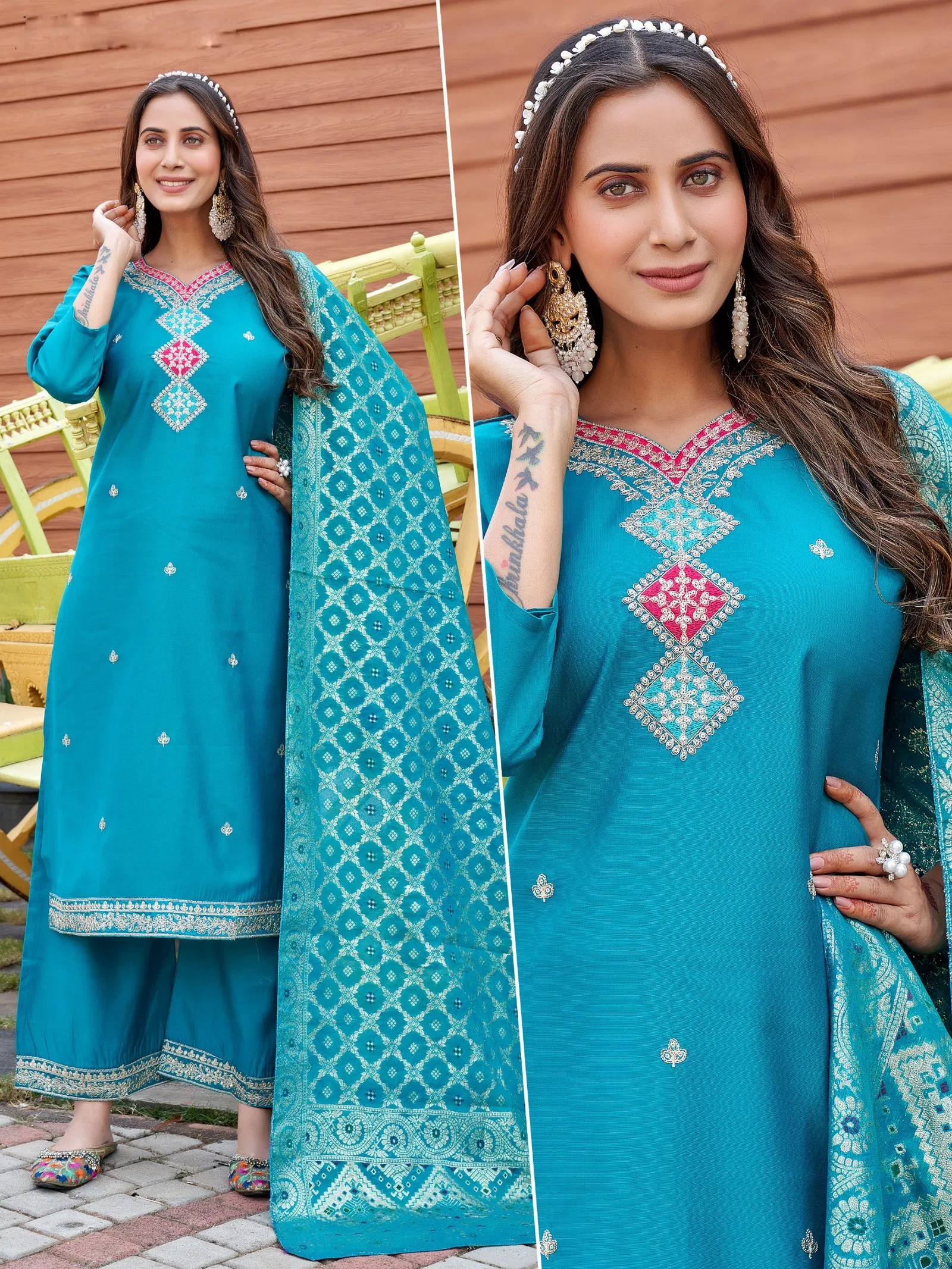 Naisha K 628 Vertican With Work Kurti Pant And Dupatta Collection