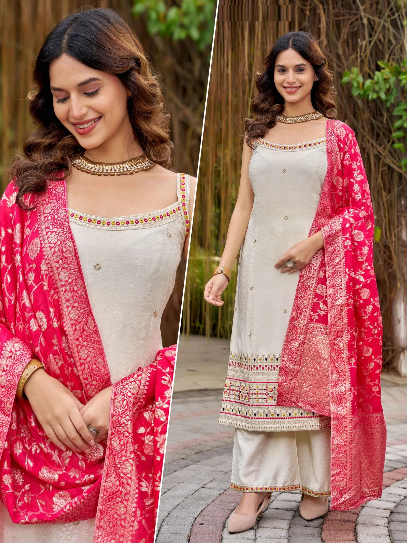 Naisha K 627 Jacqaurd With Work Sleeveless Kurti Plazzo And Dupatta
