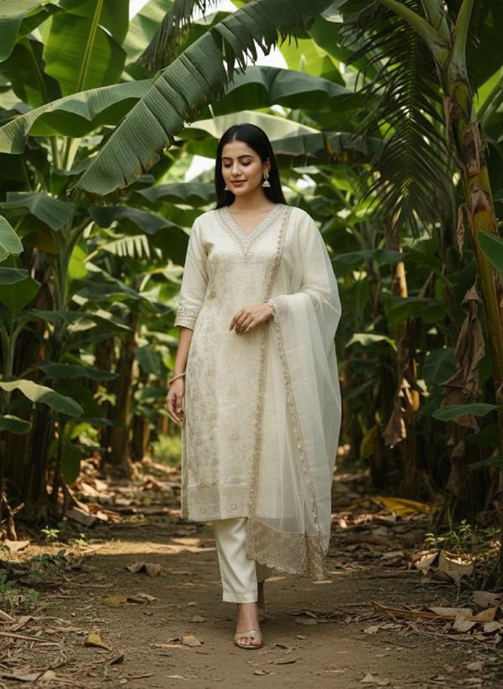 Navya Kurti 211 Party Wear Embroidery Worked Jacuqard Kurti with Pant and Dupatta Set
