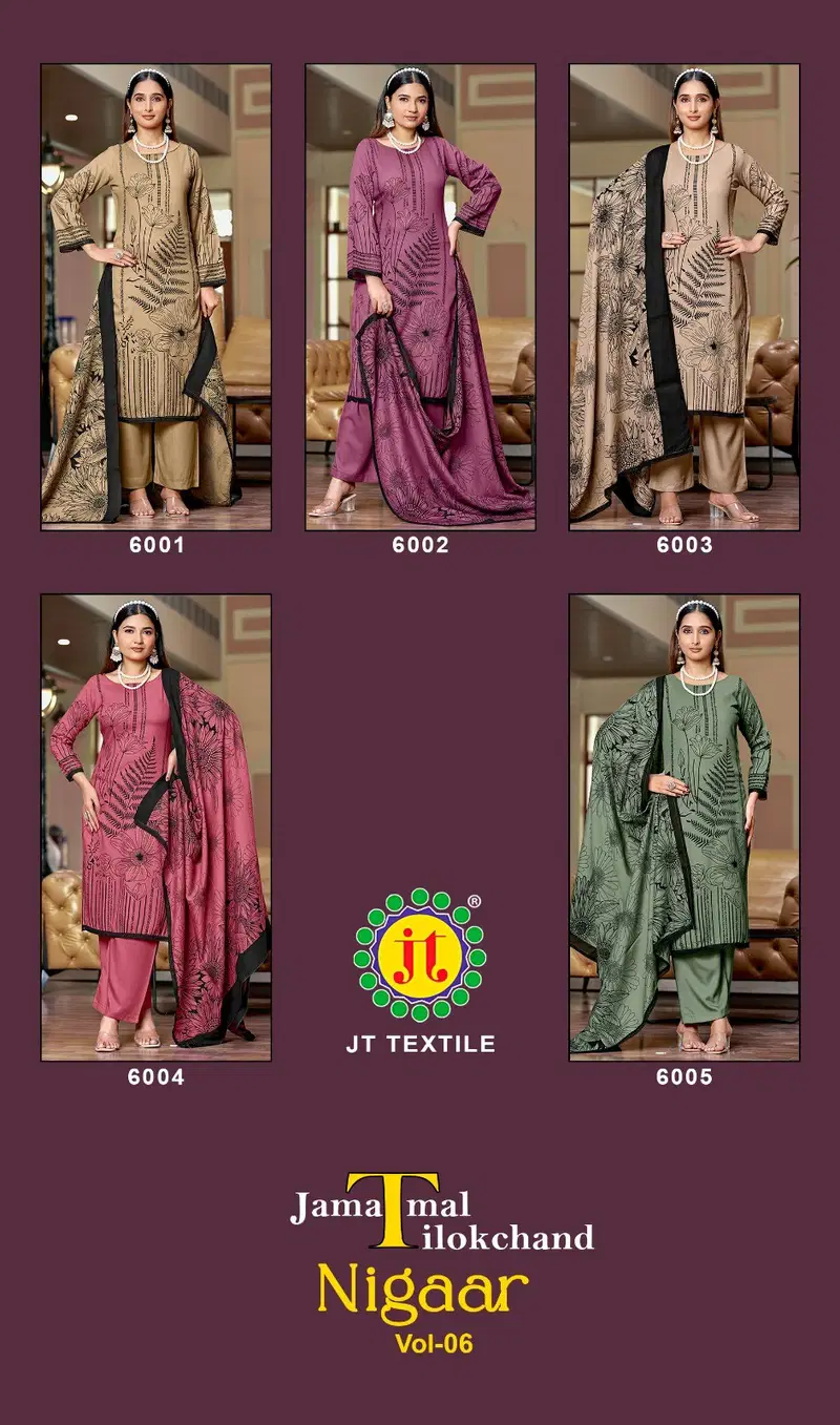 Jt Nigaar Vol 6 Rayon With Printed Dress Material Collection