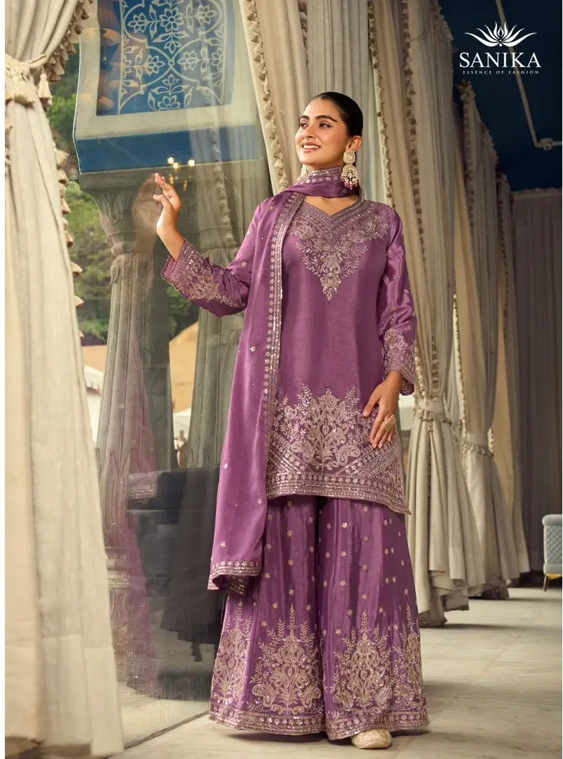 Sanika Rithika Chinon Silk With Embroidery Work Top Bottom And Dupatta