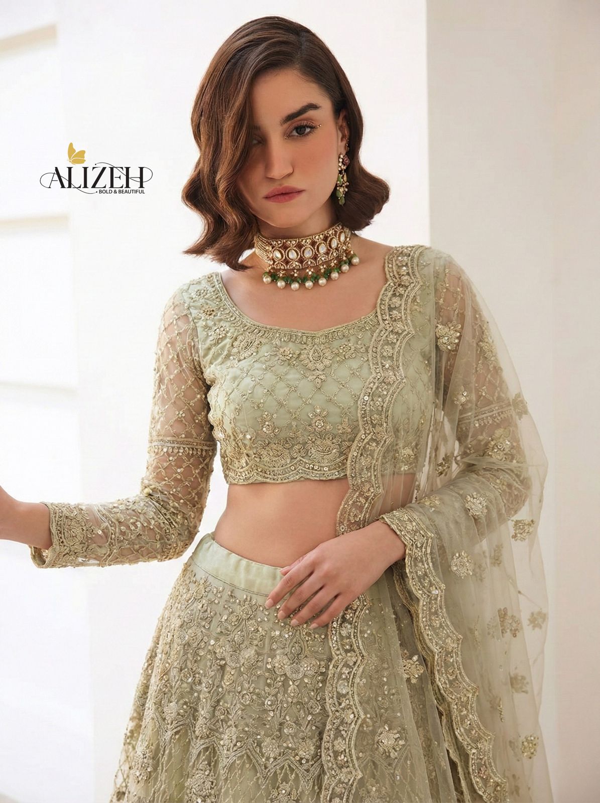 Alizeh Bridal Heritage Colours 1081 Butterfly Net Designer Lehenga Choli